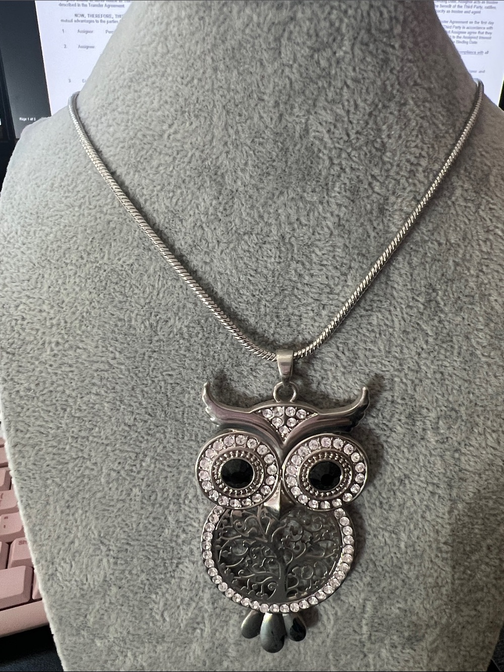 Silver Owl Pendant Necklace with Black Accents - Women Jewelry